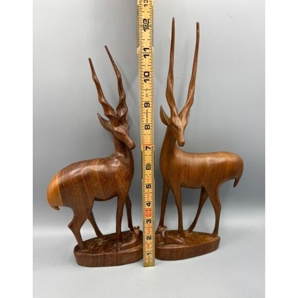 Vtg 2 Pc Hand Carved Wooden Antelope Figurines Set Babies Africa - Picture 7 of 10